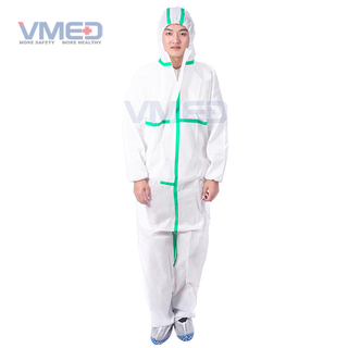 Disposable White Type 5&6 SMS Coverall With Green Adhesive Strip