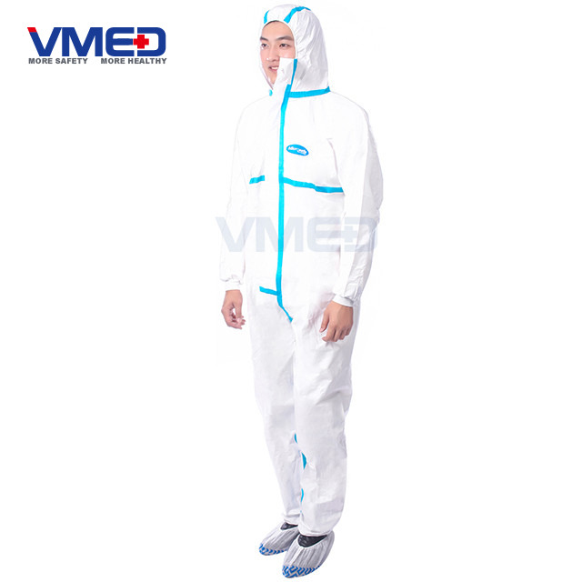 Disposable White Micro-porous Protective Coverall With Blue Strips-2