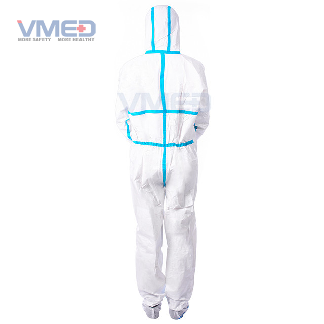 Disposable White Micro-porous Protective Coverall With Blue Strips