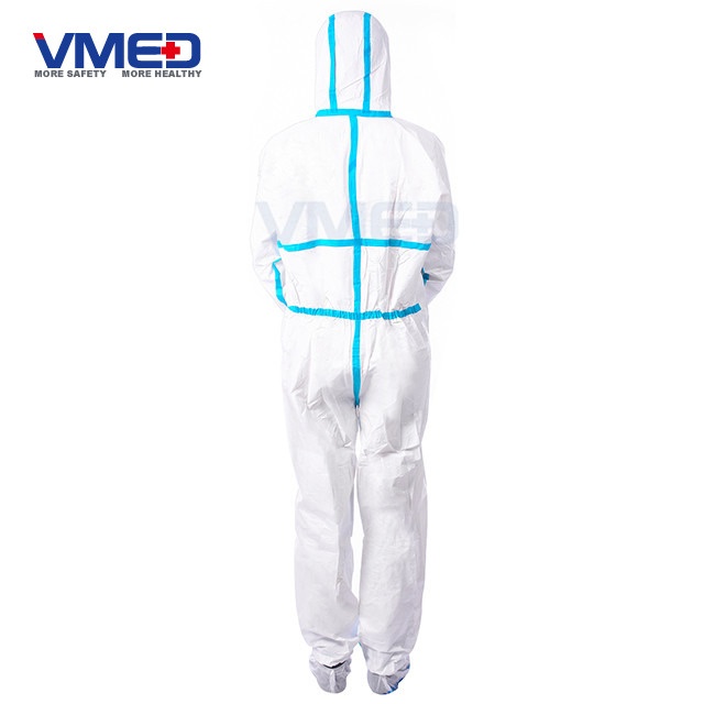 Disposable White Micro-porous Protective Coverall With Blue Strips-3