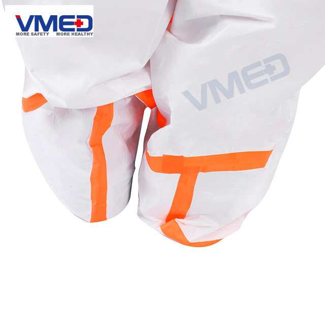 Disposable White Micro-porous Protective Coverall With Orange Strips-5