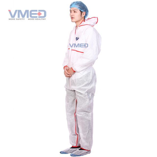 Disposable White SMS TYPE 5 Coverall With Red Strip