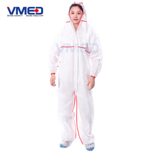 Disposable White Micro-porous Protective Coverall With Red Strips-1