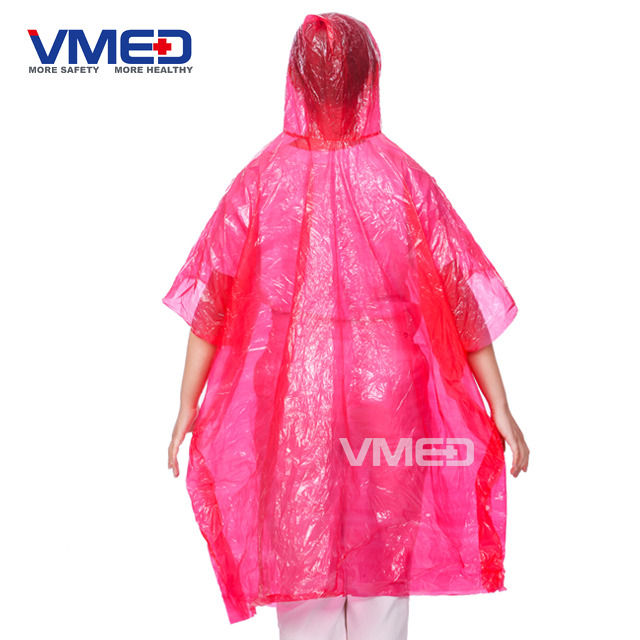 Pinky Red PE Rain Poncho with Attached Hood