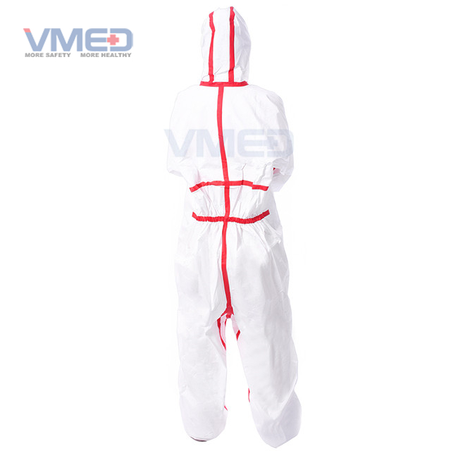 Disposable White Micro-porous Protective Coverall With Red Strips