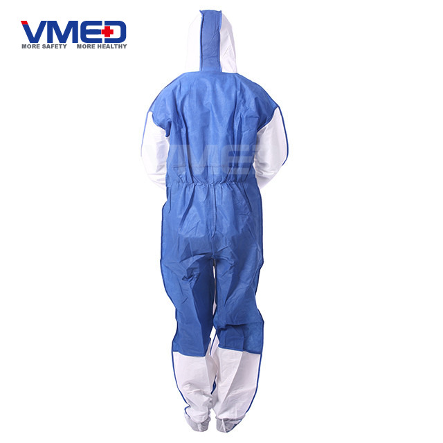 Disposable White Micro-porous Coverall With SMS Blue Back Panel-3