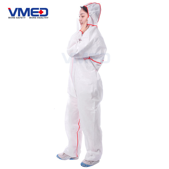 Disposable White Micro-porous Protective Coverall With Red Strips-3