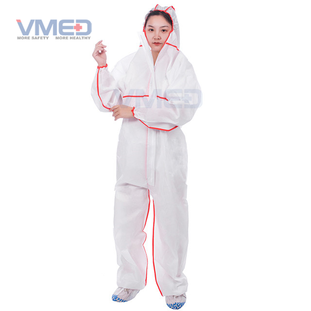 Disposable Type 5&6 SMS White Coverall With Overlocking Stitch
