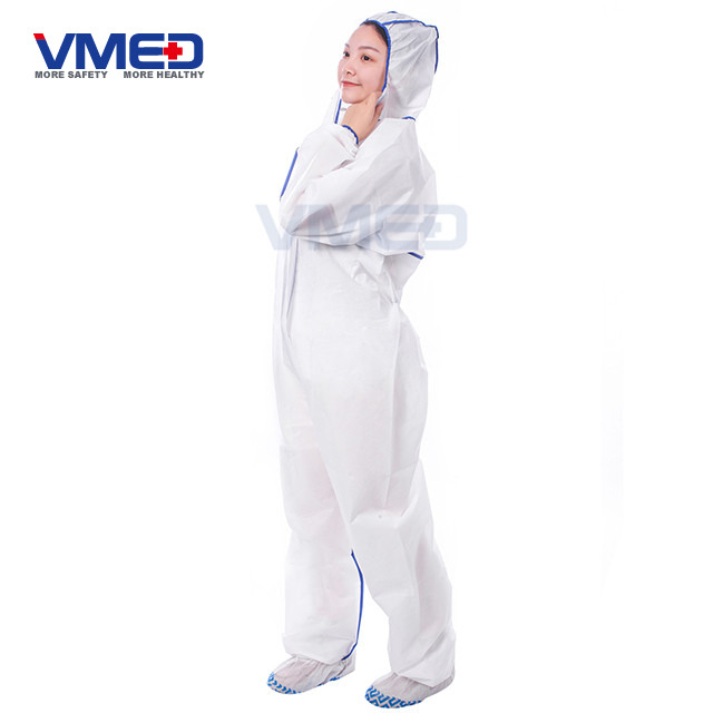 Disposable Type 5&6 SMS White Coverall With Overlocking Stitch-2