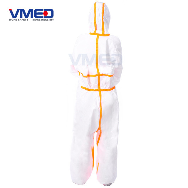 Disposable White Micro-porous Protective Coverall With Orange Strips-4
