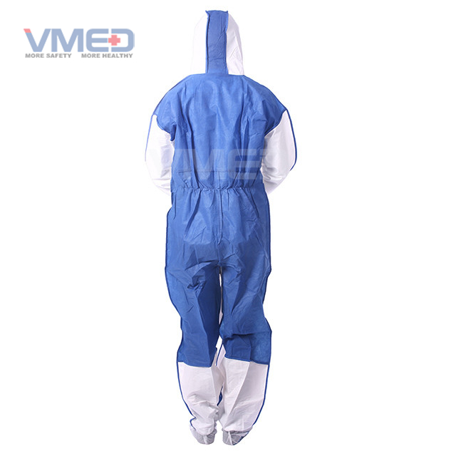 Disposable White Micro-porous Coverall With SMS Blue Back Panel