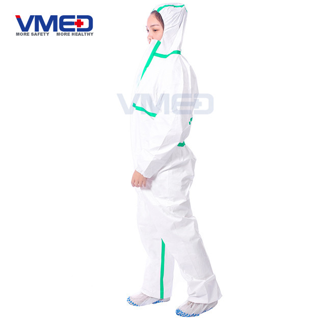 Disposable White Micro-porous Protective Coverall With Green Strips-2