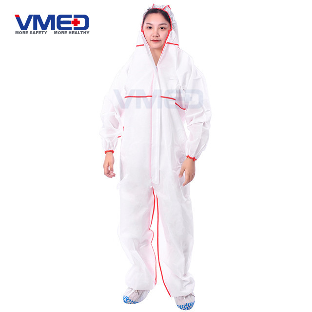 Disposable Type 5&6 SMS White Coverall With Overlocking Stitch-4