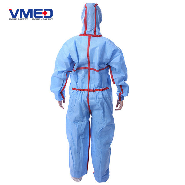 Disposable Blue SMS Coverall With Red Strips-3