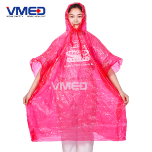 Pinky Red PE Rain Poncho with Attached Hood