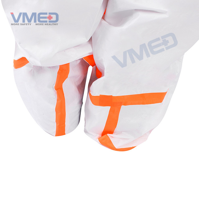 Disposable White Micro-porous Protective Coverall With Orange Strips