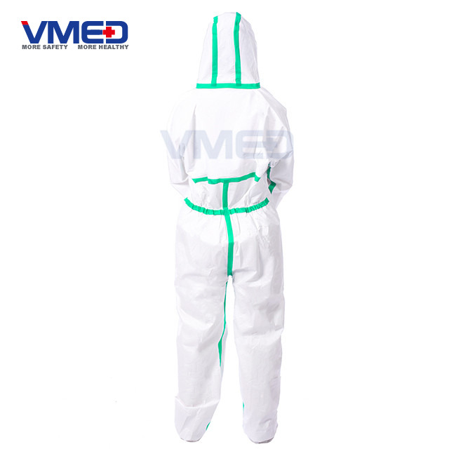 Disposable White Micro-porous Protective Coverall With Green Strips-3