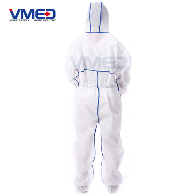 Disposable Type 5&6 SMS White Coverall With Overlocking Stitch-3