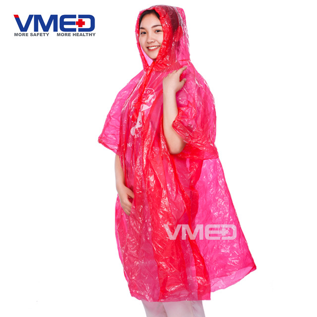 Pinky Red PE Rain Poncho with Attached Hood