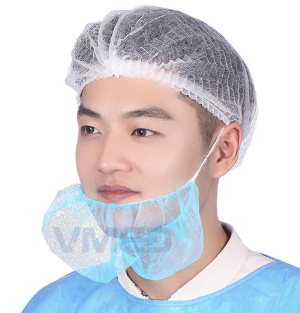 Man Wearing Blue Disposable Beard Cover and White Hair Net