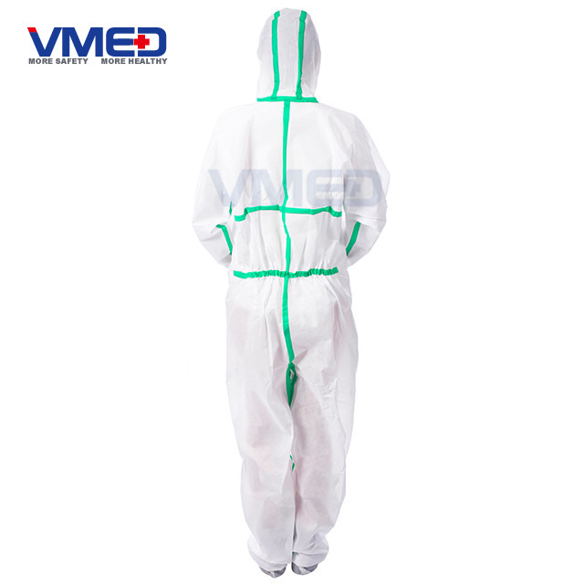 Disposable White Type 5&6 SMS Coverall With Green Adhesive Strip