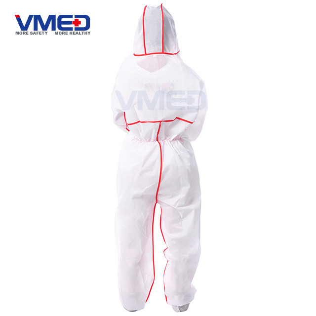 Disposable Type 5&6 SMS White Coverall With Overlocking Stitch-6