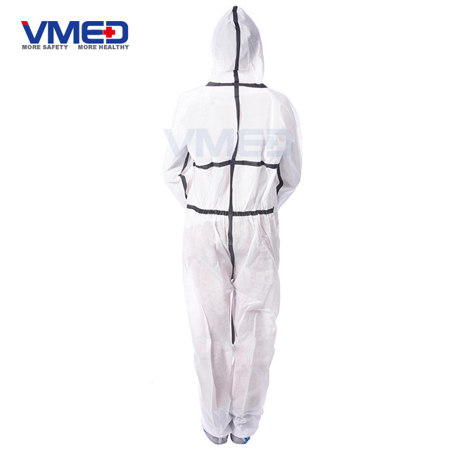 Disposable Type 5&6 SMS White Coverall With Black Adhesive Strip-3