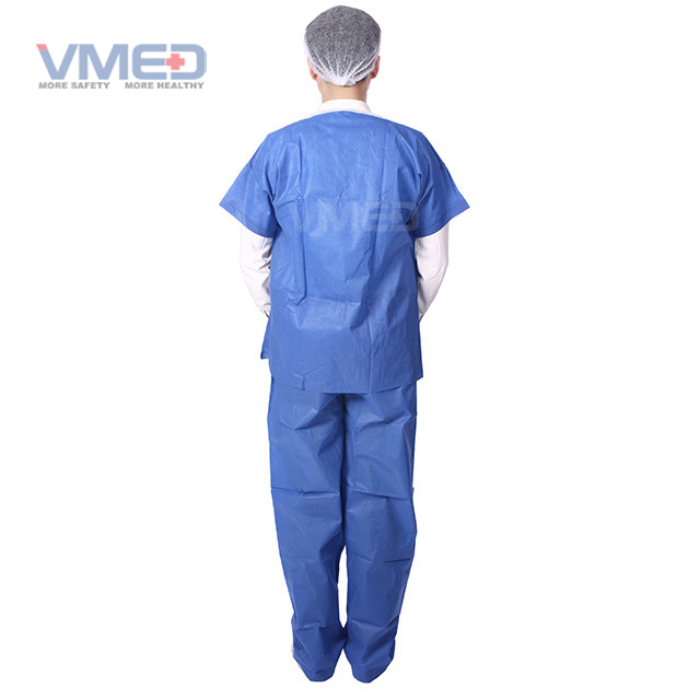 Disposable SMS Non-woven Scrub Suit With V Neck And Short Sleeves