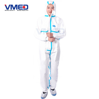 Disposable White Micro-porous Protective Coverall With Blue Strips