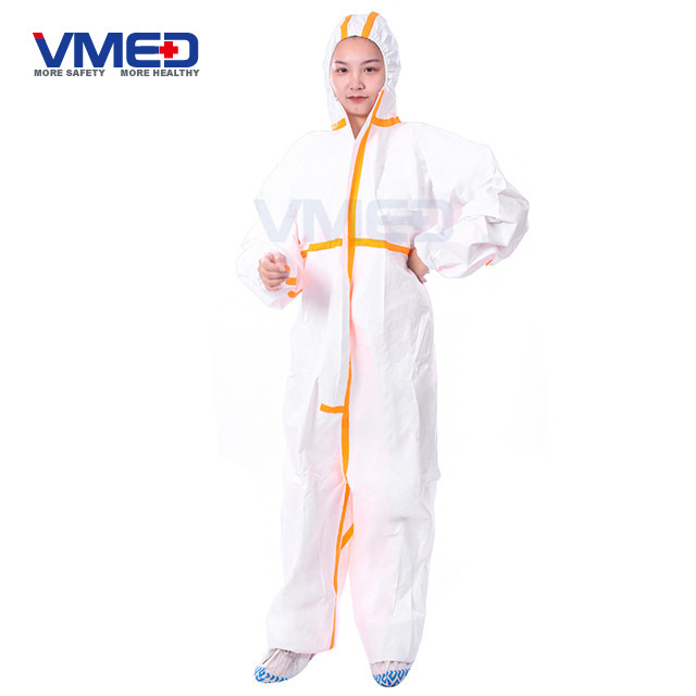 Disposable White Micro-porous Protective Coverall With Orange Strips-3
